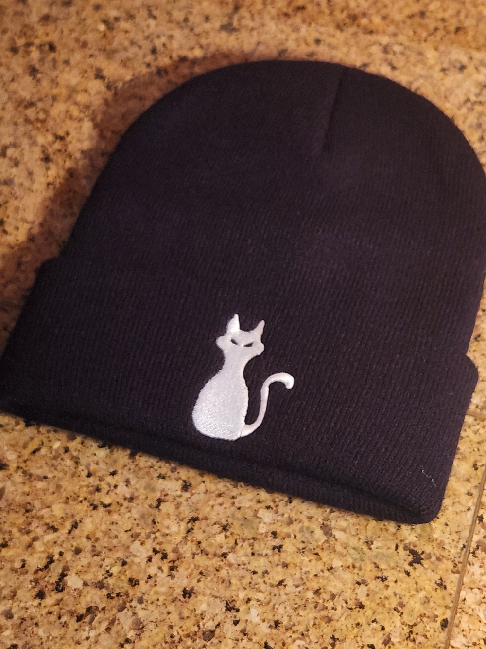 Cat Embroidered Beanie Hat - Black with White Cat